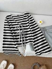 SHEIN LUNE Áo thun nữ dệt kim cotton kẻ sọc, tay loe, buộc dây phía trước, màu đen trắng. - Đen và trắng - Xem 6