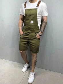 Manfinity Homme 男士字母图案贴袋休闲百搭背带裤夏季、秋季服装 - 軍綠色 - 查看 1