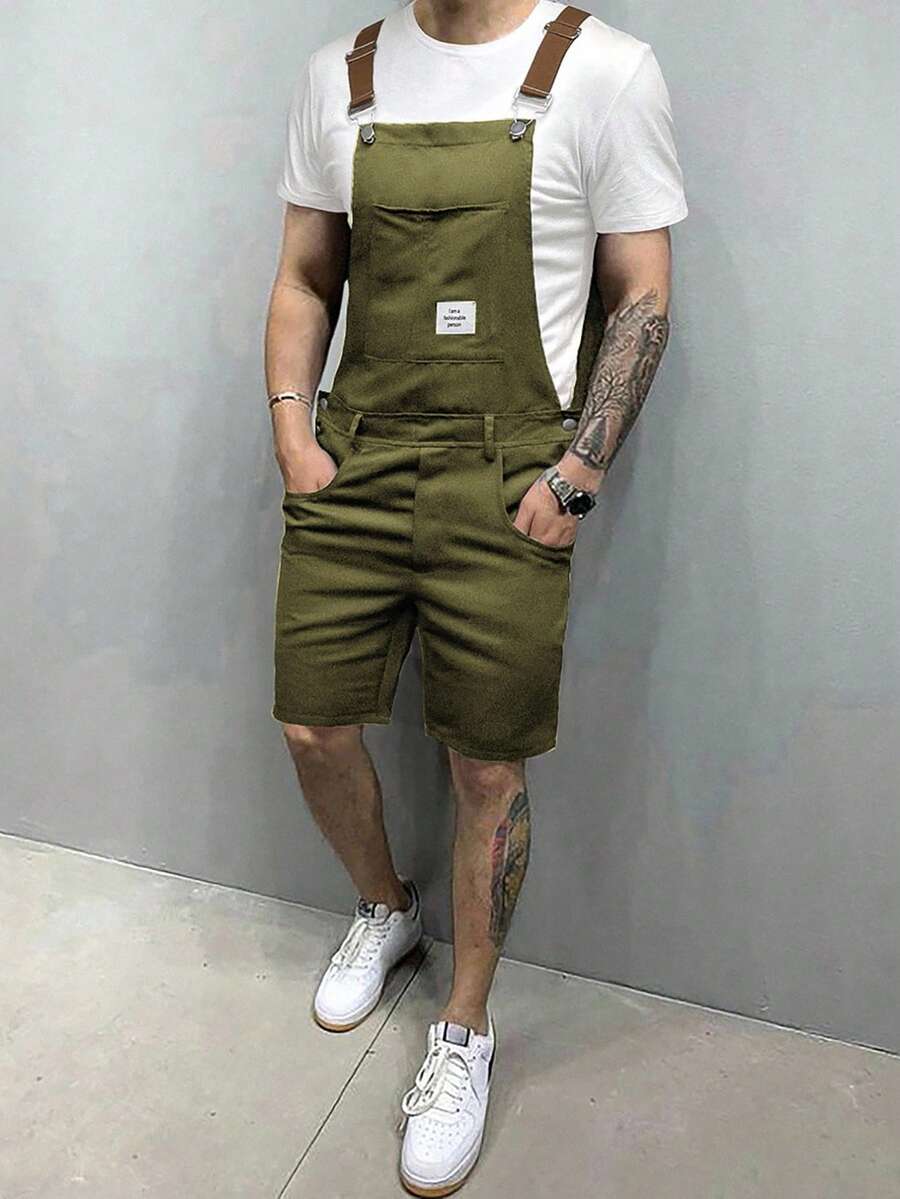 Manfinity Homme 男士字母图案贴袋休闲百搭背带裤夏季、秋季服装 - 軍綠色 - 查看 1