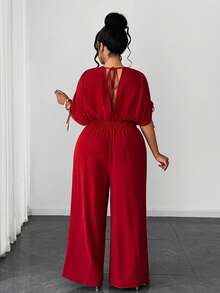 Maweii Bộ jumpsuit dáng rộng, thanh lịch, lãng mạn, cổ chữ V, thắt eo, dành cho nữ, cỡ lớn. - Đỏ - Xem 2