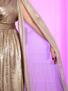 Pretty and Ole Plus Size Elegant Party Metallic V-Neck Ruched Dress, Party Wear - Gold - View 3
