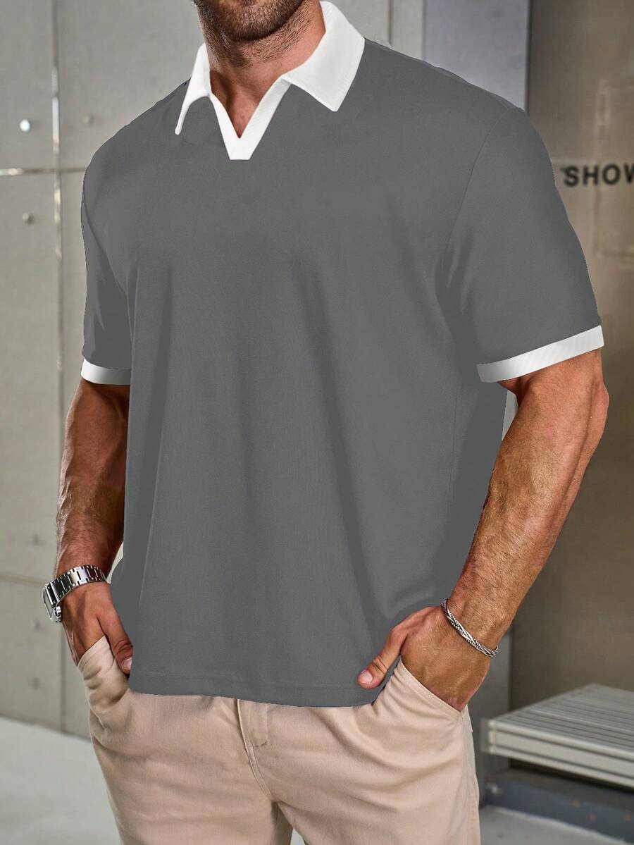Manfinity Homme Plus Size Men's Casual Colorblock Polo Shirt For Summer - Light Grey - View 1