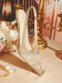 CUCCOO TILAWA Giày nữ, giày thời trang nữ mũi nhọn, đính đá vàng, phối lưới, thích hợp dự tiệc, ăn tối, gợi cảm, gót thấp, giày cao gót hở gót. - Vàng - Xem 6