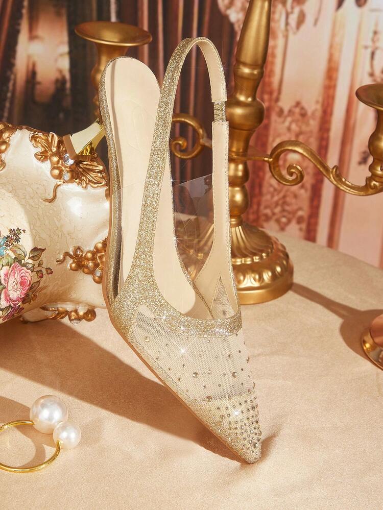 CUCCOO TILAWA Women Shoes Women's Fashion Pointed Golden Rhinestone Mesh Splicing Fashion Party Dinner Gorgeous Sexy Kitten Heel Women's High Heel Shoes Slingback Shoes