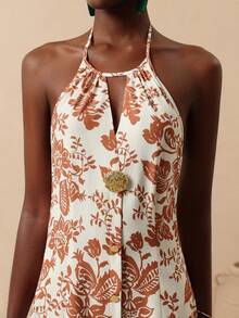 Vesra Women's Ivory Base Khaki Vacation Bestselling Floral Halter Waist Metallic Decor A-Line Vacation Dress - Multicolor - View 4