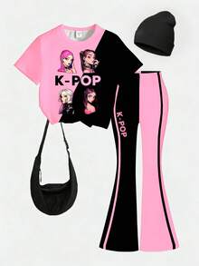 Spring And Summer Casual Fashion Creative Personality Refreshing Minimalist Cool Virtual Girl Group Graphic Print T-Shirt And Flared Pants Set, Comfortable Daily Wear - Multicolor - View 4