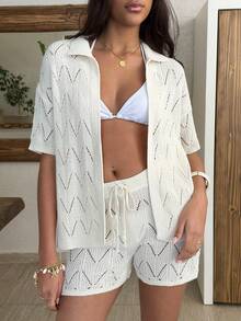 SHEIN 纯色镂空衬衫短裤罩衫套装，适合夏季海滩度假 - 白色 - 查看 7