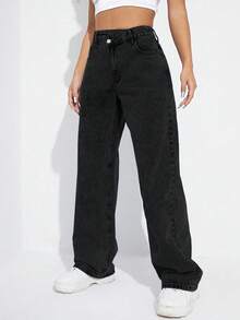 SHEIN EZwear 大码女式时尚休闲不对称腰部水洗长裤 - 黑色 - 查看 5