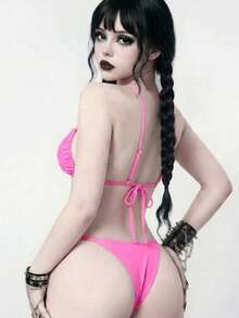 ROMWE Goth 女士休闲度假沙滩派对性感吊带蝴蝶结丁字裤比基尼两件套泳衣，春夏款 - 粉色 - 查看 2