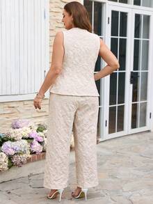 Ellevyn 大码女式花卉提花背心和阔腿裤优雅两件套 - 杏色 - 查看 9