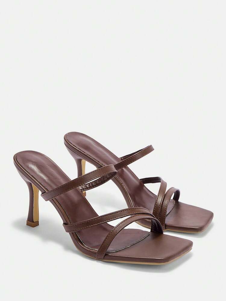 CUCCOO CURVES Women Shoes Wide Fit Women's Square Toe Brown Multi-Strip Women's High Heel Sandals Daily Versatile Commuter Fashion Wide Fattened Women's Sandals Plus Size