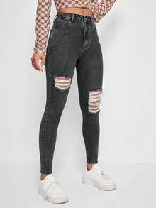 SHEIN ICON Calça Jeans Casuais Versáteis de Uso Diário com Bolso e Botão Desgastado para Mulheres - Chumbo - Visão 3