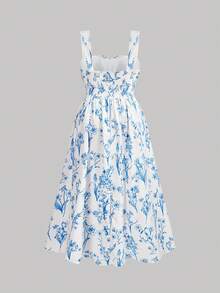 SHEIN CURVE+ Plus Size Apricot Base Black Vintage Print Loose Fit Spaghetti Strap Maxi Dress, Suitable For Vacation, Summer - Blue - View 2