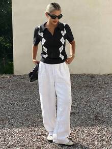 DAZY 撞色提花格纹 Polo 领短袖休闲复古针织女式上衣，适合秋夏季穿着 - 黑色 - 查看 5