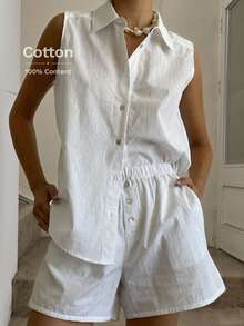 100% Cotton Casual Loose Elegant Commuter Vacation 2 Pieces Set: Collared Button-Front Sleeveless Shirt And Elastic Waist Pocket Wide Leg Shorts, Spring/Summer Casual Summer Outfits Women Cotton Women's Clothes Causal Dresses For Women Summer Casual Outfits For Women Casual Outfit For Women Dress Women Vacation Outfit Sets Women Casual Outfits Women's Summer Outfits Women's Summer Co Ord Casual Dresses For Women Casual Summer Dress Coords For Women Summer Outfit Linen Sets For Women Vacation - White - View 2