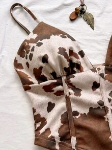 Soleia 性感吊带V领红色针织交叉露背吊带衫，适合约会、波西米亚风、度假、秋季、女士服装、复古、假日 - 棕色 - 查看 5