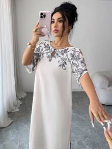 SHEIN Elenzya 女士休闲优雅V领蝙蝠袖宽松下摆开衩印花白色连衣裙，无弹力，春夏款 - 杏色 - 查看 5