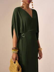 Zivah 2026春夏新款音乐节、复活节、圣帕特里克节、情人节、约会、西部风、游牧风、生日派对、毕业典礼、大学、学生、日常穿着、百搭、休闲、度假、邮轮、海滩、日光浴、爆款、街头风、婚礼宾客、通勤、早午餐、机场、派对、假日郊游、办公室穿着 V领短袖系带金属装饰开衩长款飘逸亚麻黄绿色连衣裙 女士裹身连衣裙 女士办公室工作服 Ycv9w 女装折扣码 - 軍綠色 - 查看 1