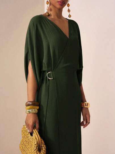 Zivah 2026 Spring/Summer New Music Festival, Easter, St. Patrick's Day, Valentine's Day, Date, Western, Nomadic, Birthday Party, Graduation, College, Student, Daily Wear, Versatile, Casual, Vacation, Cruise, Beach, Sunbathing, Viral, Streetwear, Wedding Guest, Commute, Brunch, Airport, Party, Holiday Outing, Office Wear V-Neck Short Sleeve Belted Metallic Decor Split Maxi Flowy Linen Yellow-Green Dress Wrap Around Dresses For Ladies Womens Work Clothes For The Office Ycv9w Discount Code For Woman Dres