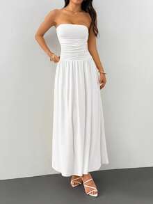 SHEIN PETITE 女士纯色褶皱抹胸连衣裙 - 白色 - 查看 7