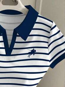 Teen Girl Knight Striped Print Short Sleeve Casual T-Shirt - Multicolor - View 3