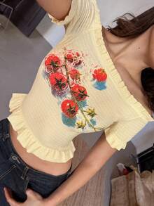 DAZY 春夏休闲街头风黄色露肩上衣，花卉字母印花，荷叶边下摆，音乐节和度假风短袖T恤，女士印花T恤，女士露脐上衣 - 黃色 - 查看 9