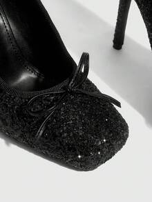 CUCCOO SZL 黑色亮片芭蕾舞高跟鞋，适合日常穿着、派对和约会。 - 黑色 - 查看 4