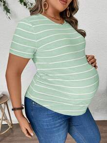 Plussiva Plus Size Pregnant Women Striped Round Neck Short Sleeve Casual T-Shirt - Green - View 1