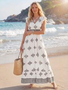 Sylviya V 领盖袖、收腰、荷叶边下摆连衣裙、休闲度假装 - 杏色 - 查看 4