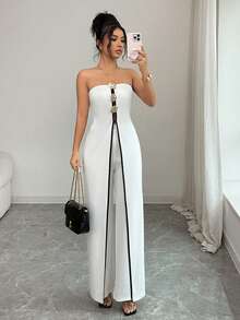 Rafferiza Modern Minimalist White Strapless Jumpsuit: Black-Accented Split Wide-Leg Silhouette With Ornate Metal Fasteners – Polished Elegance For Office & Elevated Daily Wear - White - View 3