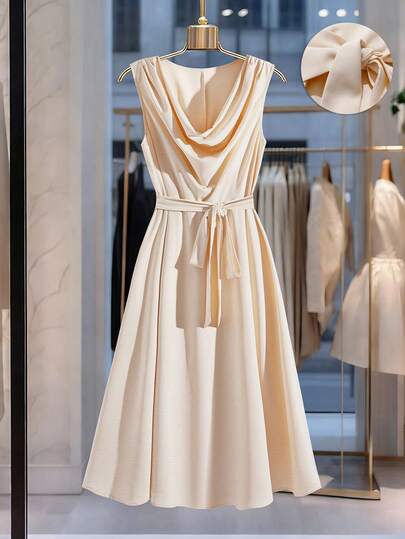 GlowEve CURVE 女士优雅法式通勤休闲垂坠面料杏色无袖宽松腰部系带蝴蝶结连衣裙，适合休闲聚会，大码