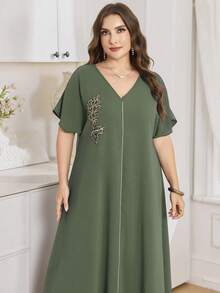Al Najma Vestido largo de manga corta de unicolor, talla grande, estilo turco y árabe para mujeres - Verde - Ver 5