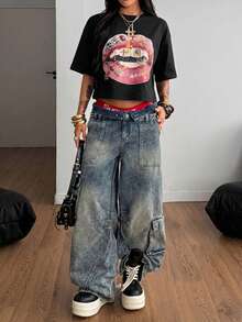 Coolane 女士夏季街头风嘻哈图案宽松T恤 - 黑色 - 查看 4