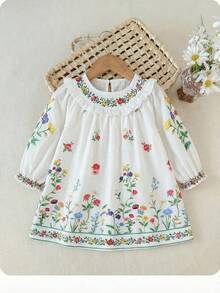Babygirl Casual Cute Floral Pattern Ruffle Hem Long Sleeve Dress - Multicolor - View 8