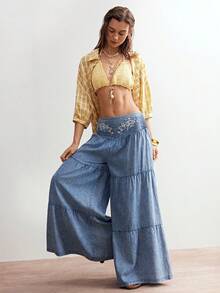 Bohemela 波西米亚风度假休闲梭织刺绣宽松阔腿女式牛仔裤 - 藍色 - 查看 7