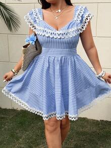 Sunnyshic Summer New Arrival Simple White Lace Patchwork Blue Striped Cinched Waist Dress - Blue - View 6