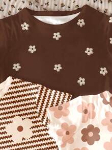 三件套奶油白、棕色条纹、摩卡棕色圆领短袖基础款T恤，BM风格花卉系列，适合少女日常休闲穿着、居家、度假、春夏装扮 - 彩色 - 查看 5