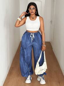 Maweii 蓝色抽绳复古简约休闲舒适裤 - 藍色 - 查看 6