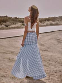 Easelle 波西米亚音乐节蕾丝拼接高低摆飘逸性感女裙 - 藍色 - 查看 2