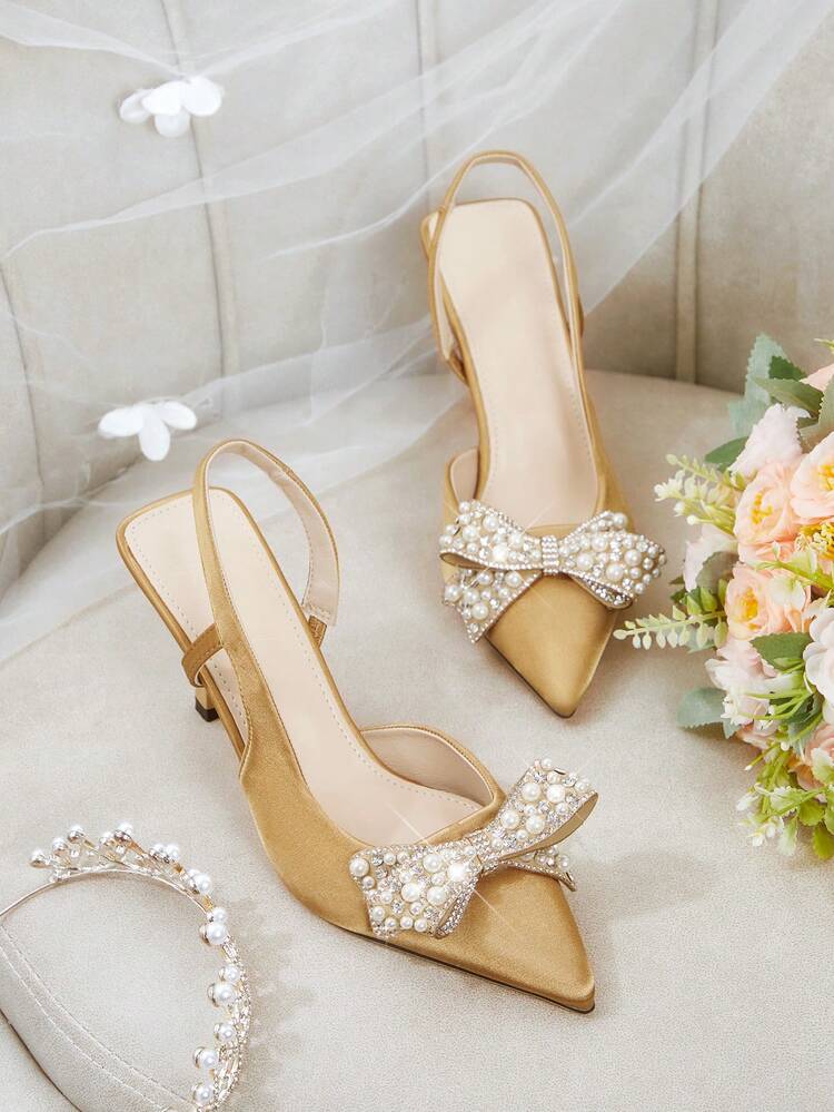 CUCCOO HITCHD Women's Pointed Toe High Heel Shoes, Rhinestone & Pearl Bow Decor, Champagne Gold Satin, Comfortable & Elegant, Suitable For Weddings, Parties, Formal Occasions