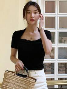 DAZY Áo thun nữ tay ngắn dáng ôm, màu trơn, phối lưới, màu đen, thích hợp mặc đi chơi mùa xuân/hè. - màu đen - Xem 4