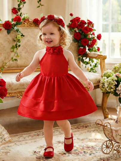 Đầm công chúa màu đỏ ngọt ngào mùa hè cho bé gái, trang trí hoa hồng 3D, cổ yếm, thiết kế xếp tầng, thích hợp cho các hoạt động hàng ngày, tiệc sinh nhật, họp mặt gia đình, lễ hội, sự kiện khiêu vũ.