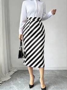 Elenzga 女士条纹百褶休闲百搭约会外出A字裙 - 黑與白 - 查看 5