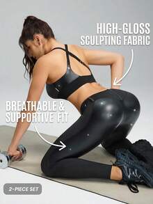 Innovista 女士纯色圆领露背上衣和紧身裤套装，其他舞蹈服 - 黑色 - 查看 3