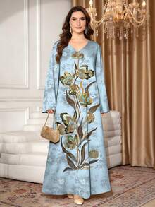 SHEIN Najma 亮面质感碎花浅蓝色大码女式连衣裙，V领长袖春夏时尚长款连衣裙，优雅碎花长裙 - 彩色 - 查看 5