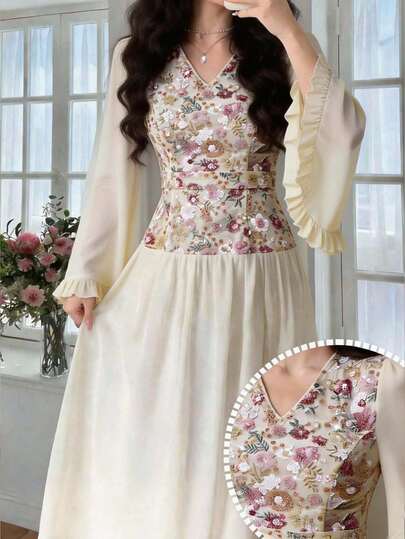 Al Najma Women's Floral Patchwork Sequin V-Neck Flare Sleeve Elegant Arabic Style Dress