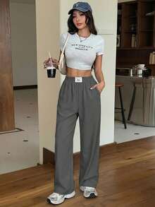 SHEIN EZwear Loose Casual Vacation Straight Leg Gray Pants, Spring/Summer - Grey - View 6