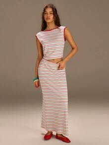 Athîral Women's Striped Boat Neck T-Shirt And Mini Skirt Casual 2 Pieces Set, Summer Wear For Women,Resort Wear - Multicolor - View 2