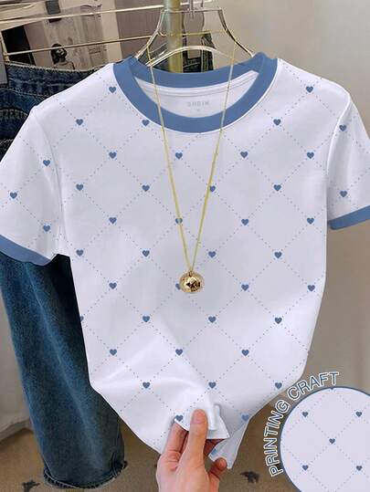 Resyla Camiseta casual de mujer de manga corta con cuello redondo, estampado de corazón y bloques de color