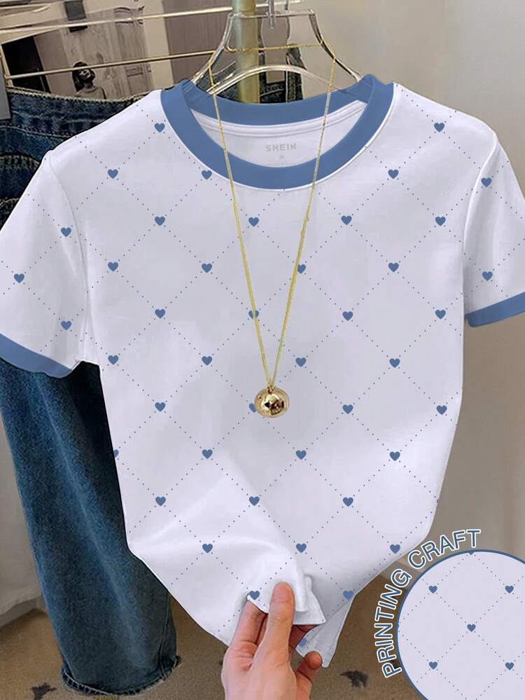 Resyla Camiseta casual de mujer de manga corta con cuello redondo, estampado de corazón y bloques de color - Blanco - Añade 1
